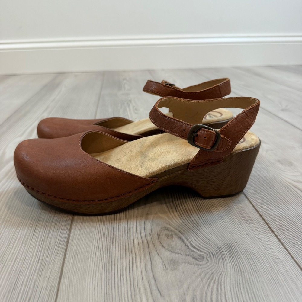 Dansko Brown Leather Sam Mary Jane Clogs Ankle Strap Wedge Shoes 41